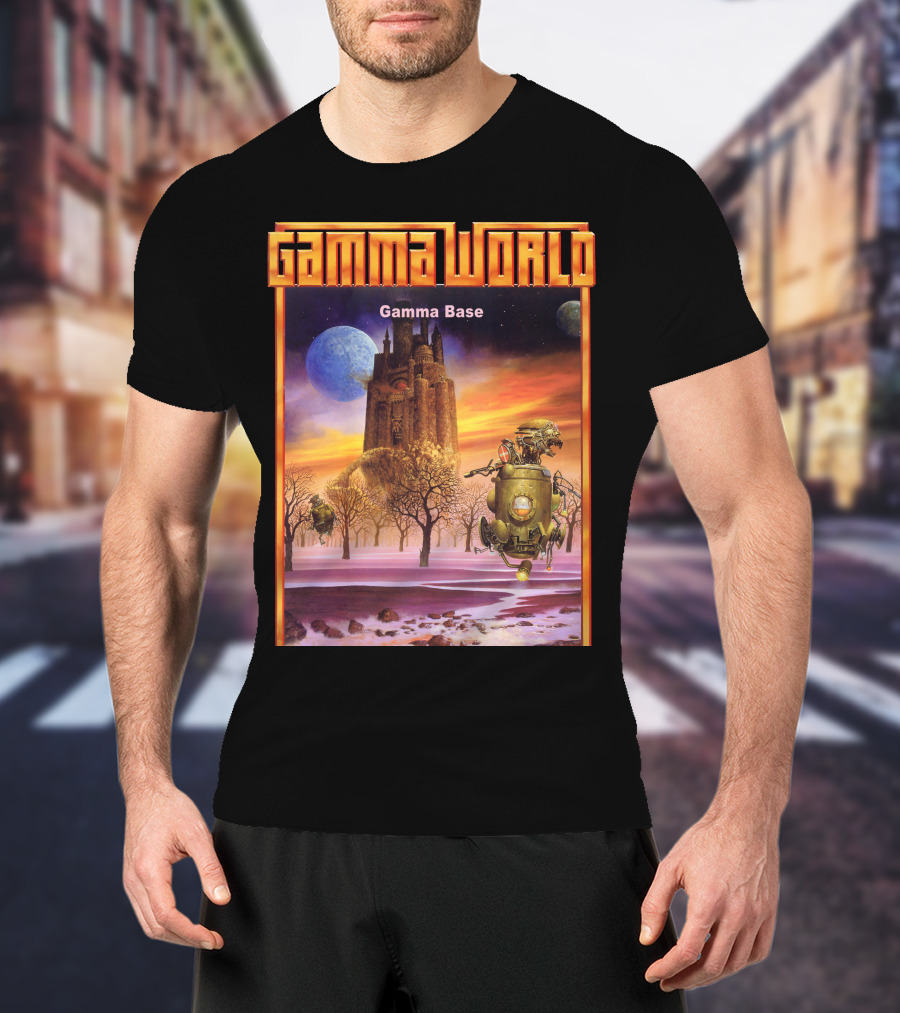 Gamma World Gamma Base Futuristic Castle With Robot On Alien Landscape T-Shirt