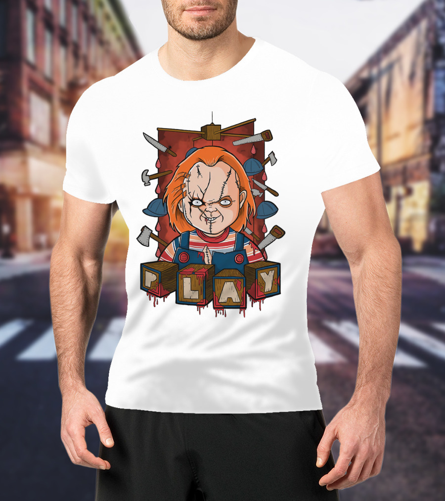 Chucky Blocks With Knives And Axes Background T-Shirt