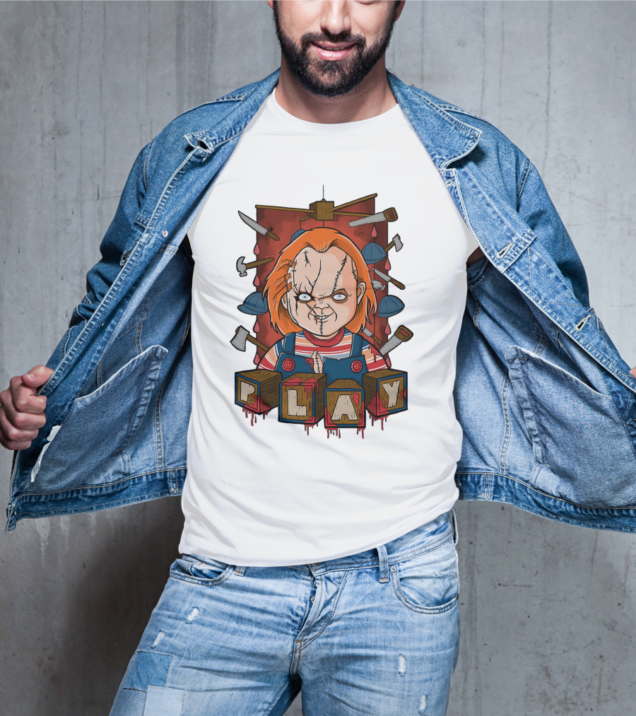 Chucky Blocks With Knives And Axes Background T-Shirt