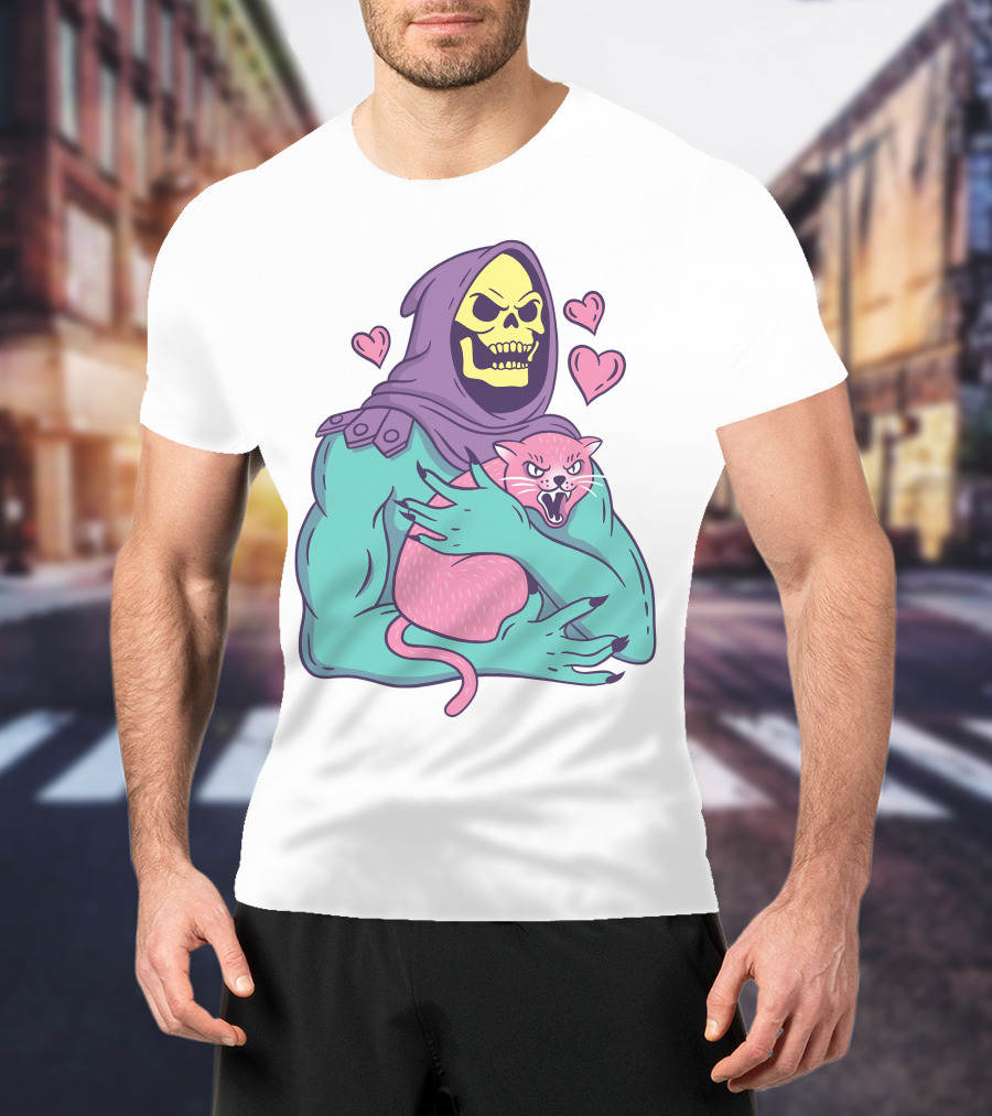 Skeletor Holding Pink Cat With Hearts T-Shirt