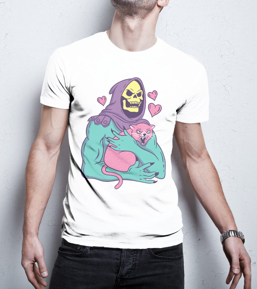 Skeletor Holding Pink Cat With Hearts T-Shirt