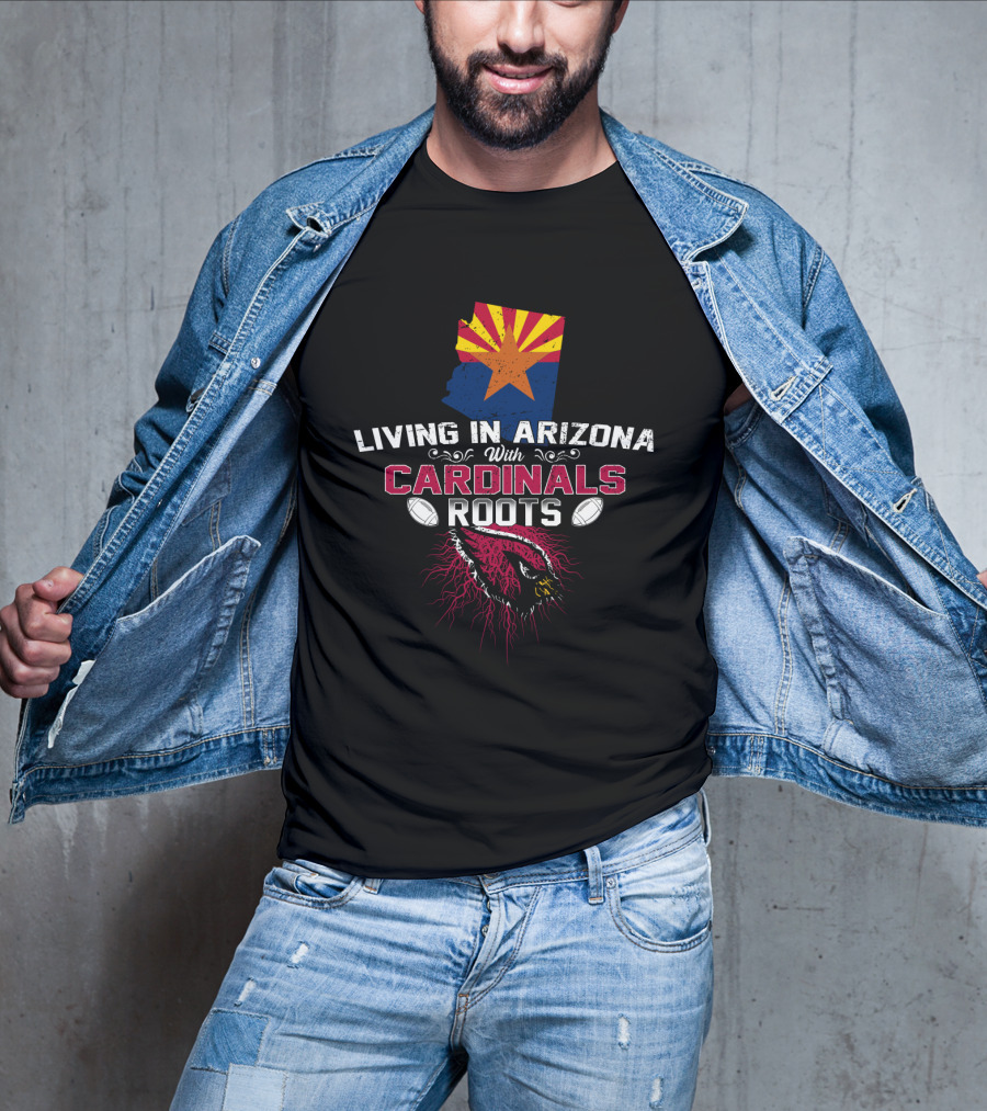 Living In Arizona With Cardinals Roots Arizona Map Flag Football T-Shirt