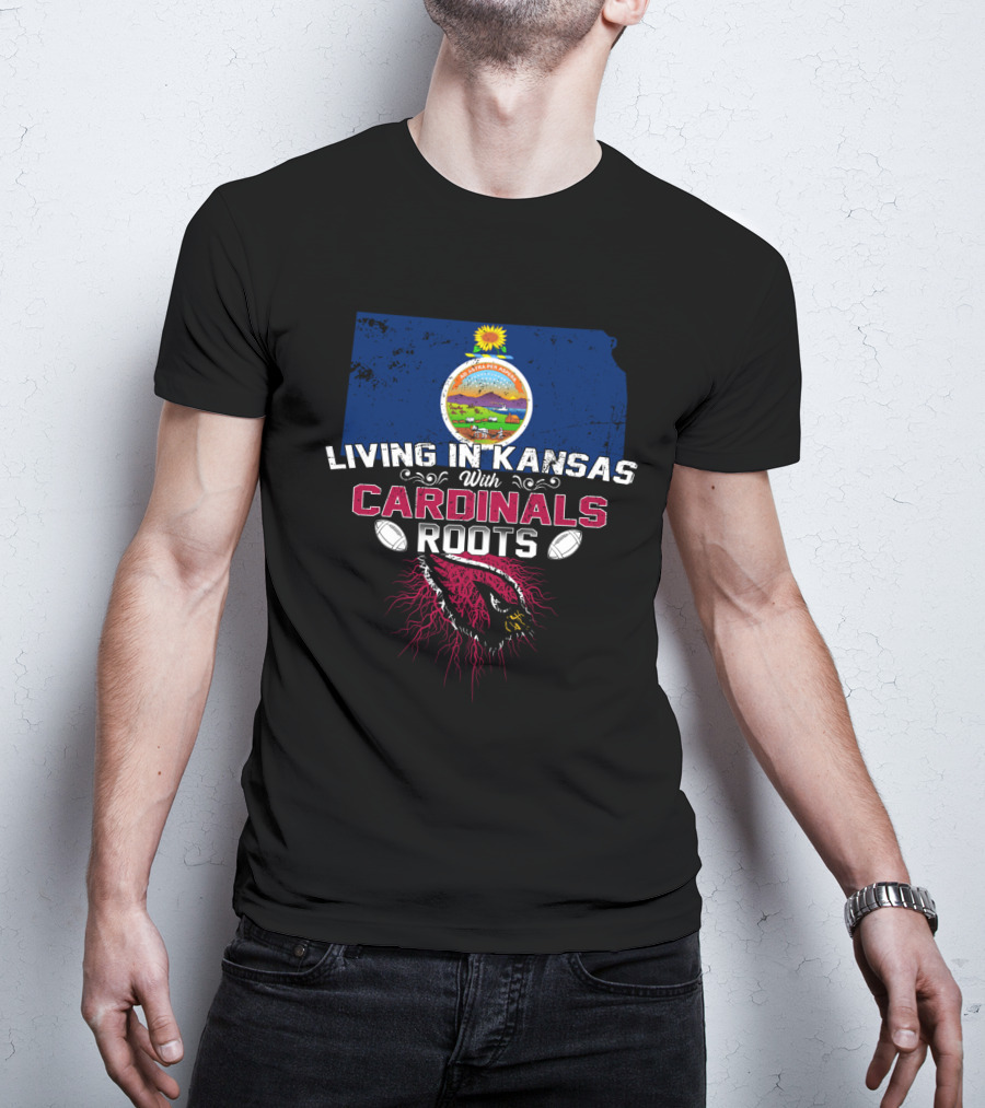 Living In Kansas With Cardinals Roots Kansas State Sunflower Emblem Football Connection T-Shirt