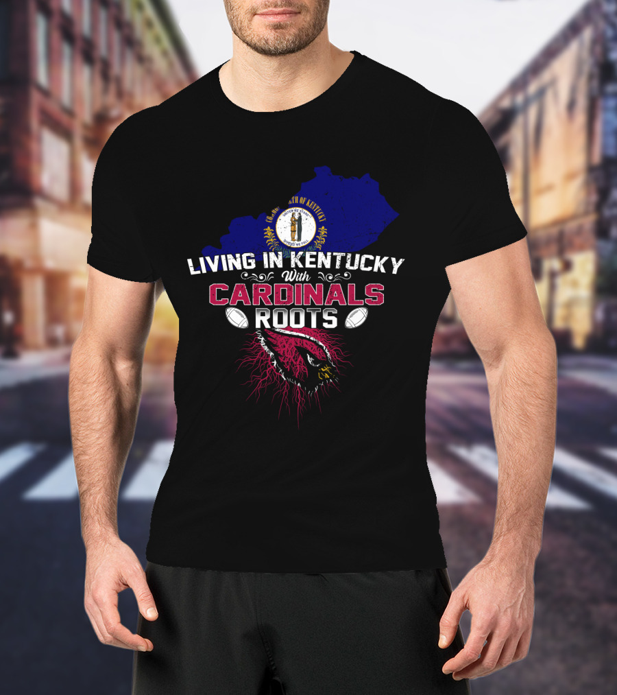 Living In Kentucky With Cardinals Roots Kentucky State Map Crest Football Helmet T-Shirt