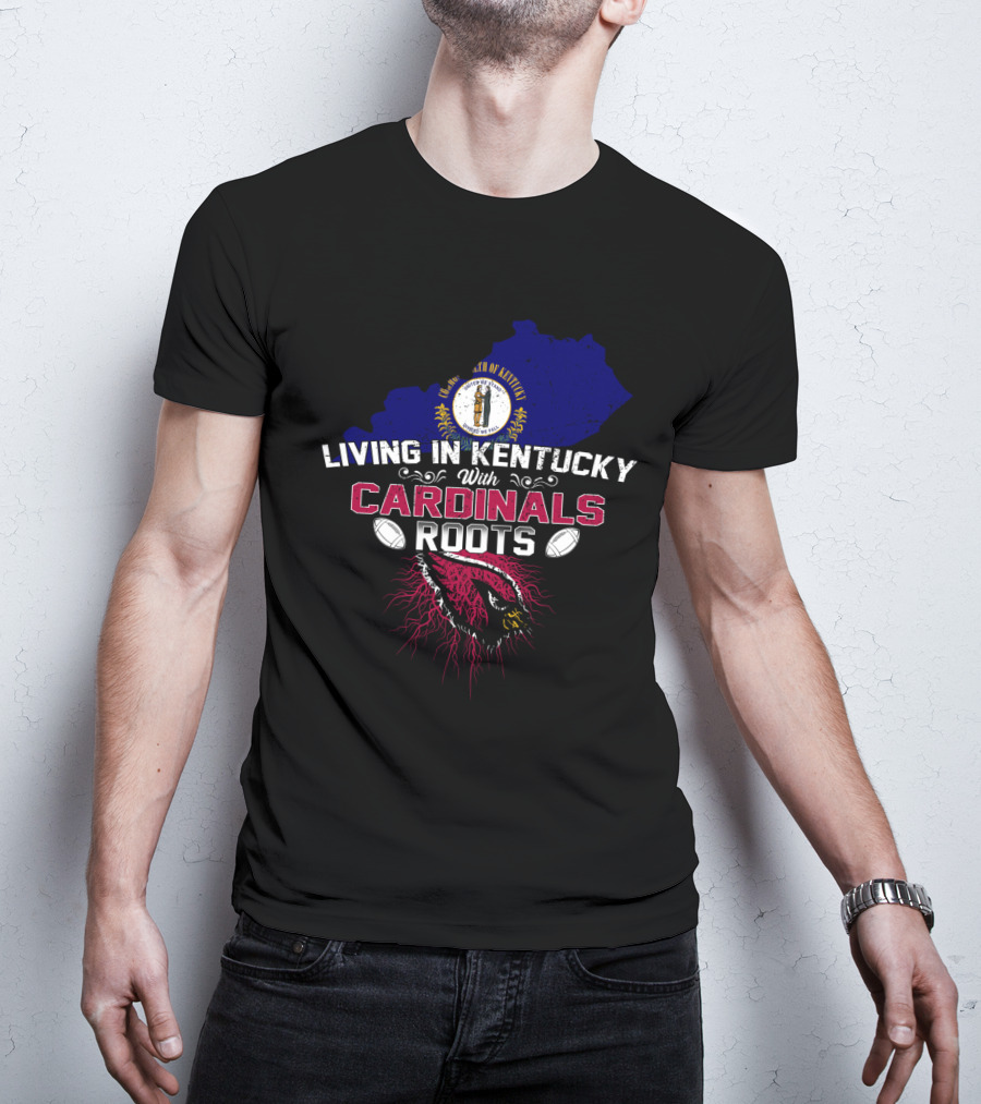 Living In Kentucky With Cardinals Roots Kentucky State Map Crest Football Helmet T-Shirt