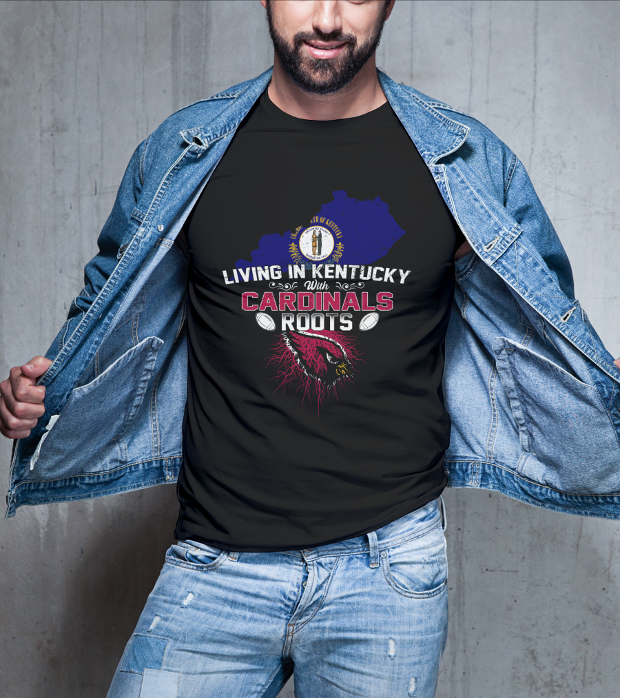 Living In Kentucky With Cardinals Roots Kentucky State Map Crest Football Helmet T-Shirt