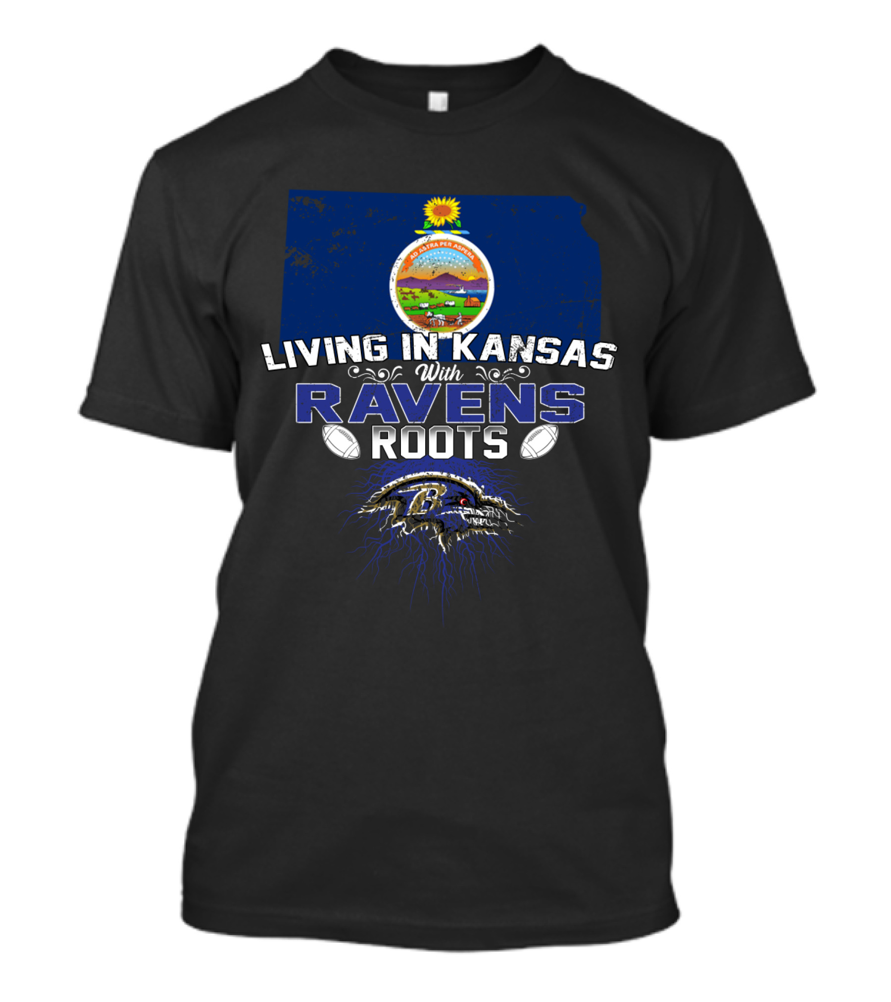 Living In Kansas With Ravens Roots Kansas Seal And Ravens T-Shirt