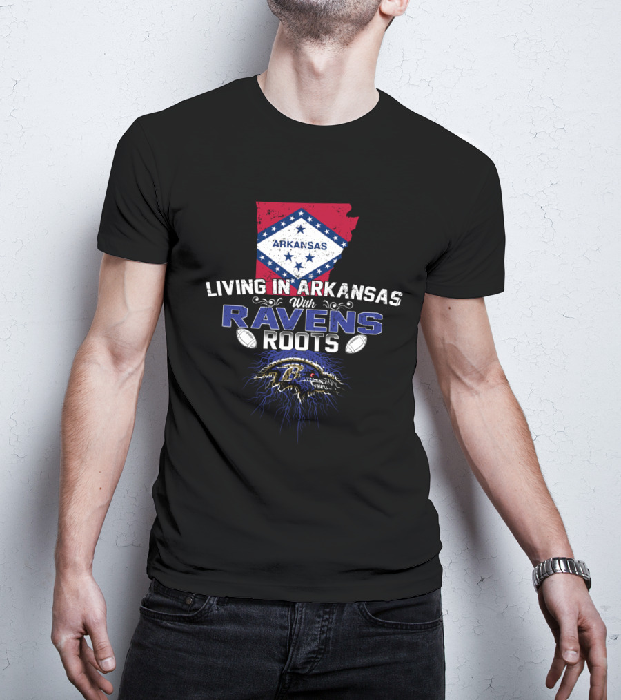 Living In Arkansas With Ravens Roots And Bold State Flag Background T-Shirt