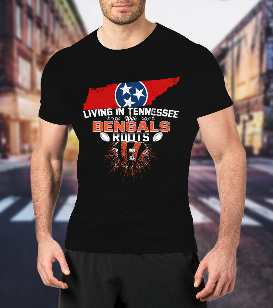 Living In Tennessee With Cincinnati Bengals Roots Football Fan Map T-Shirt
