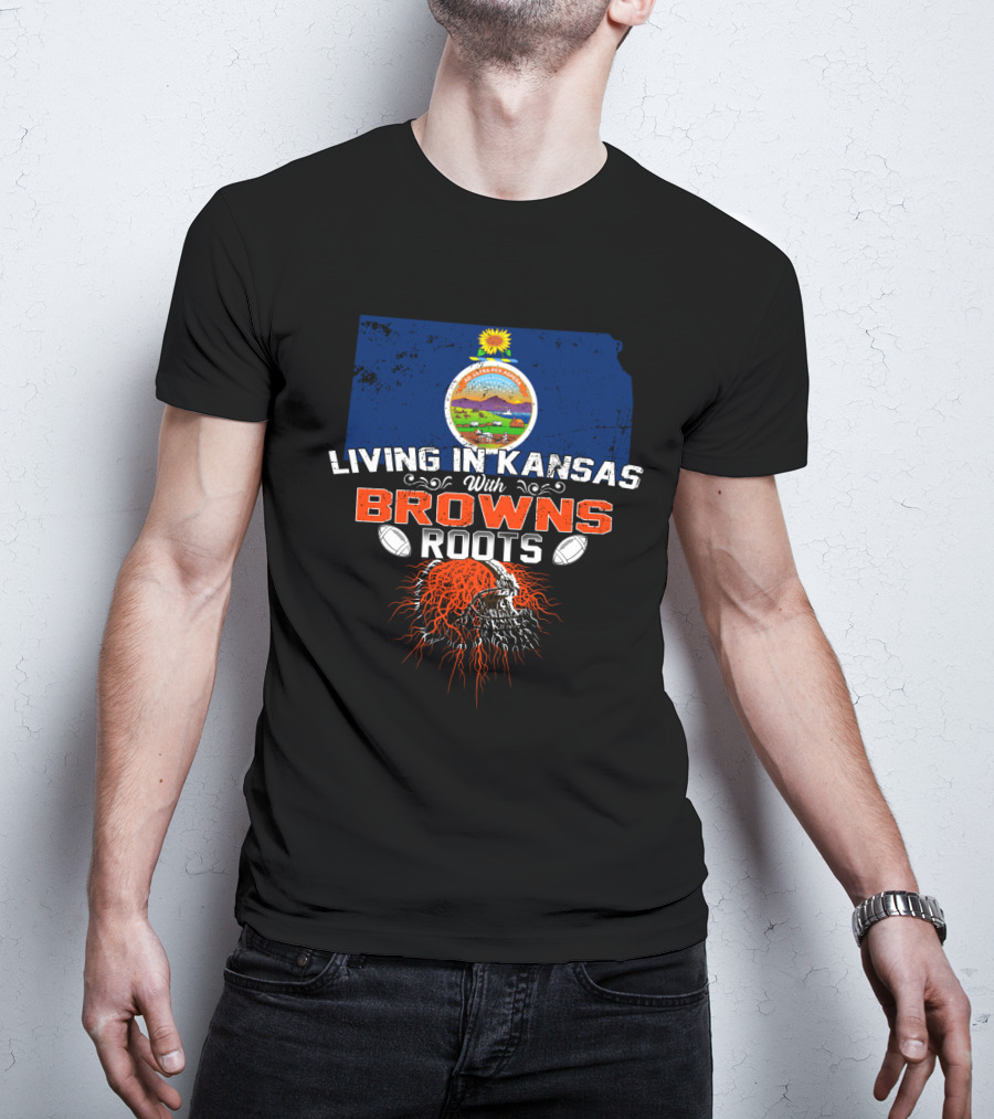 Living In Kansas With Browns Roots Kansas Map Football Helmet T-Shirt