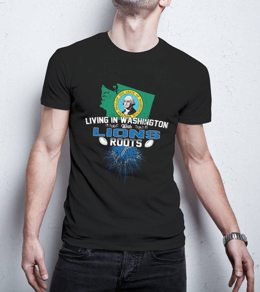 Living In Washington With Lions Roots Football State Map Seal T-Shirt