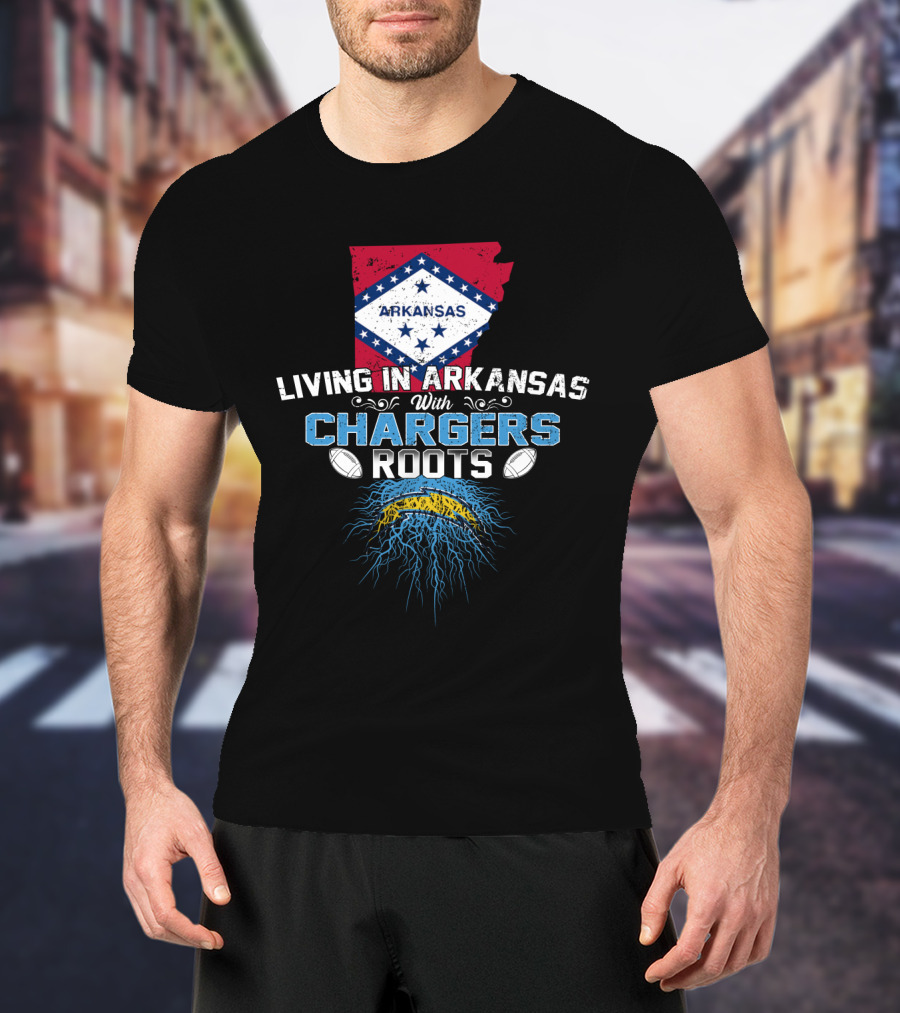 Living In Arkansas With Chargers Roots Arkansas Map And Flag Football Fan T-Shirt