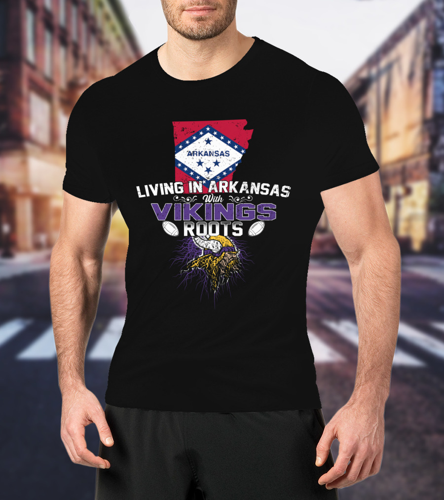 Living In Arkansas With Vikings Roots Arkansas Flag Viking Helmet Football T-Shirt