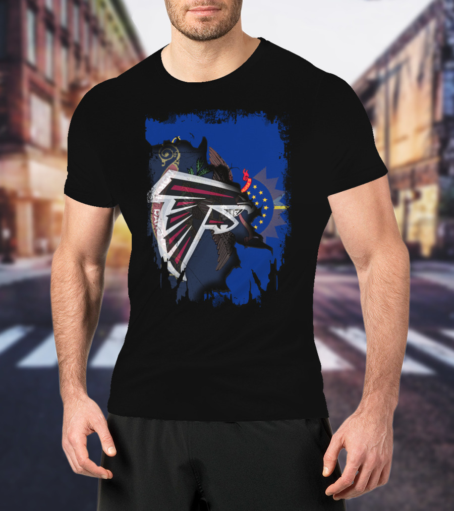 North Dakota Together With Falcons NFL Logo On State Flag Background T-Shirt