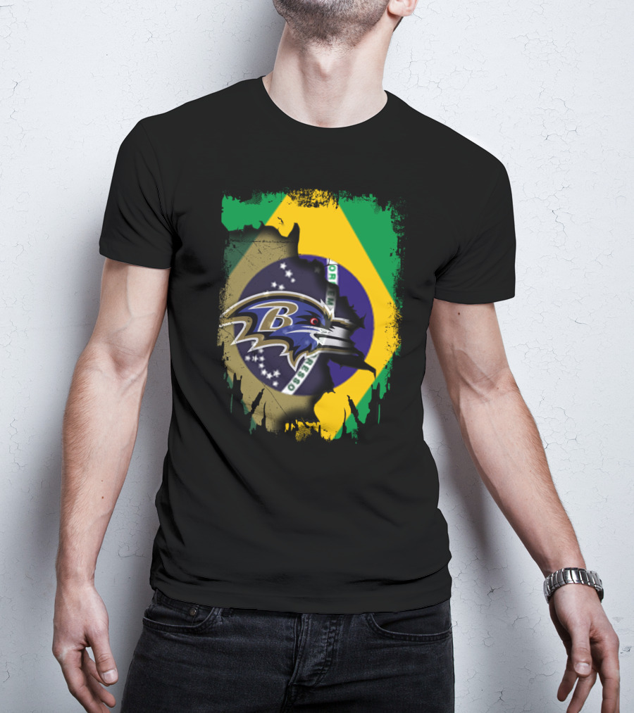 Brazilian Flag With Baltimore Ravens Logo Overlay T-Shirt