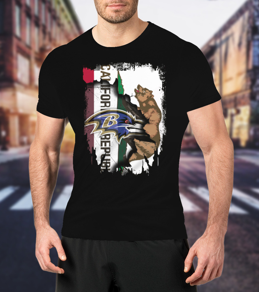 California Republic Bear And Baltimore Ravens Logo Fusion T-Shirt