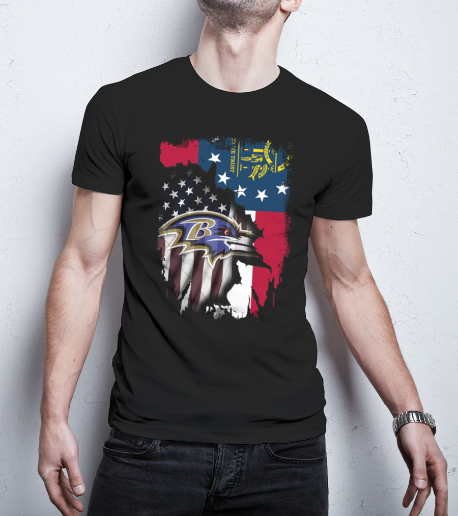 Georgia Flag With Baltimore Ravens American Flag Overlay T-Shirt