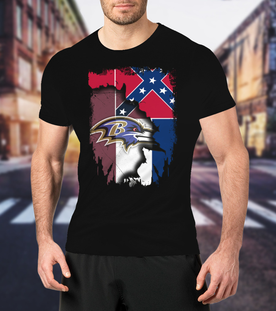 Baltimore Ravens Combined With Mississippi Flag Elements T-Shirt