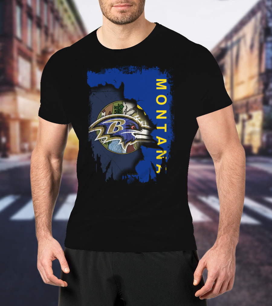 Montana With Baltimore Ravens Logo And Nature Scene T-Shirt