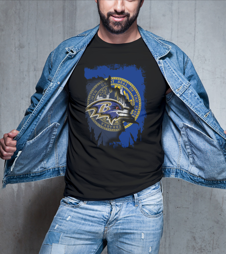 Nebraska State Seal With Baltimore Ravens Logo Fusion T-Shirt