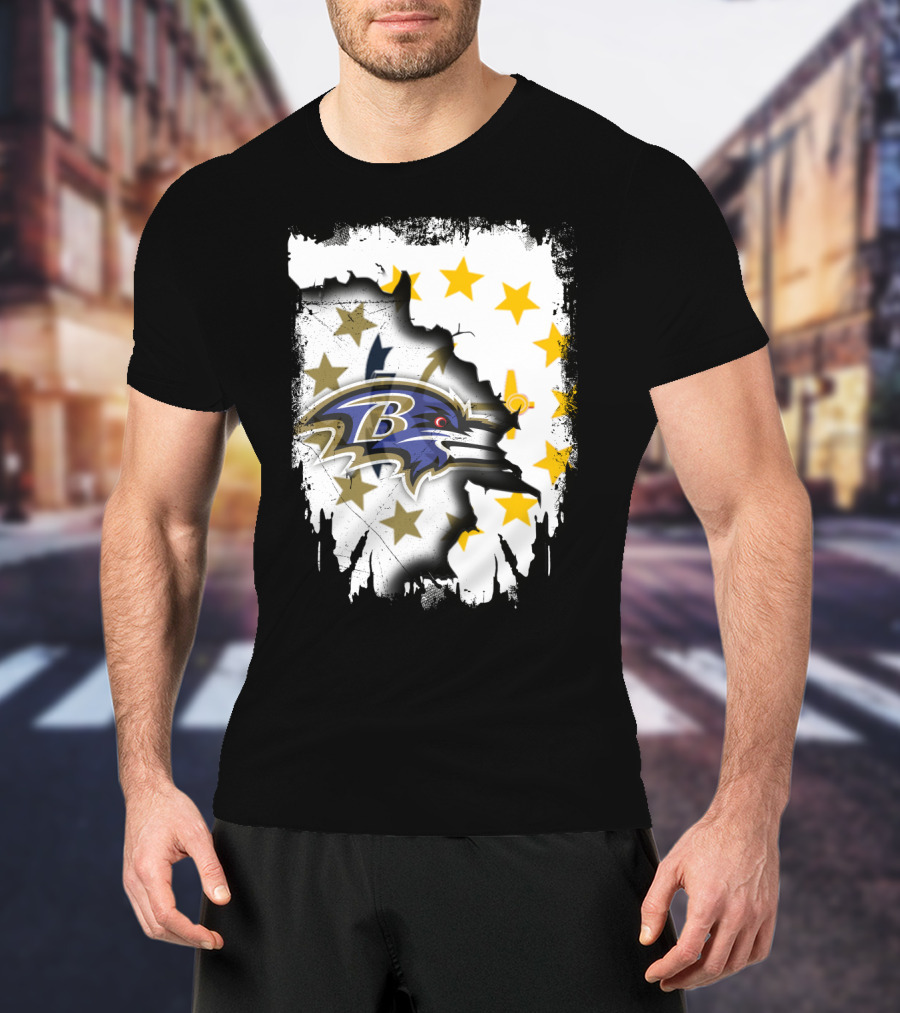 Rhode Island Map With Baltimore Ravens Logo And Stars T-Shirt