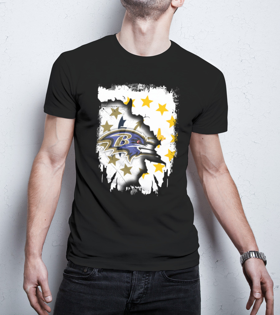 Rhode Island Map With Baltimore Ravens Logo And Stars T-Shirt