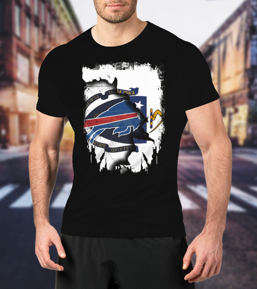 Massachusetts And Buffalo Bills Torn Flag Fusion T-Shirt
