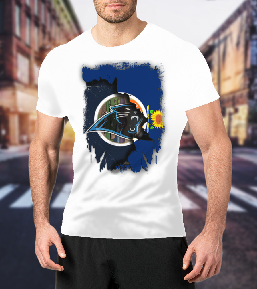 Kansas Sunflower With Carolina Panthers Logo Fusion T-Shirt