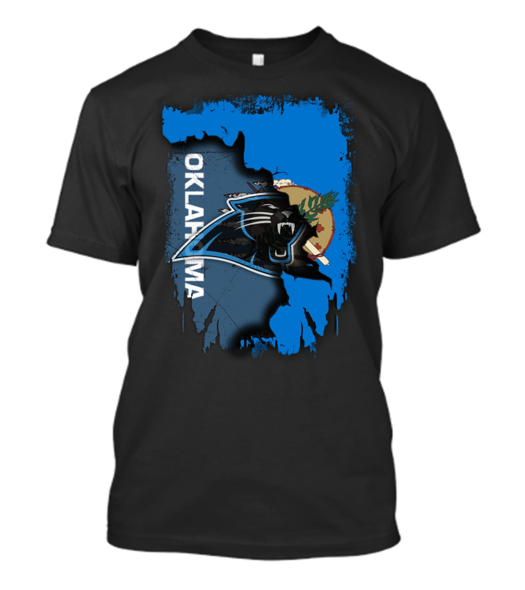 Oklahoma Collaboration With Carolina Panthers Logo And State Flag Elements T-Shirt