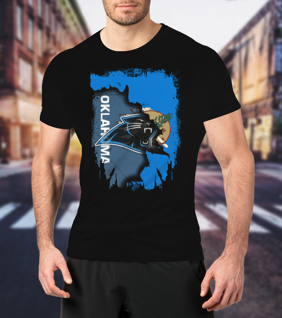 Oklahoma Collaboration With Carolina Panthers Logo And State Flag Elements T-Shirt
