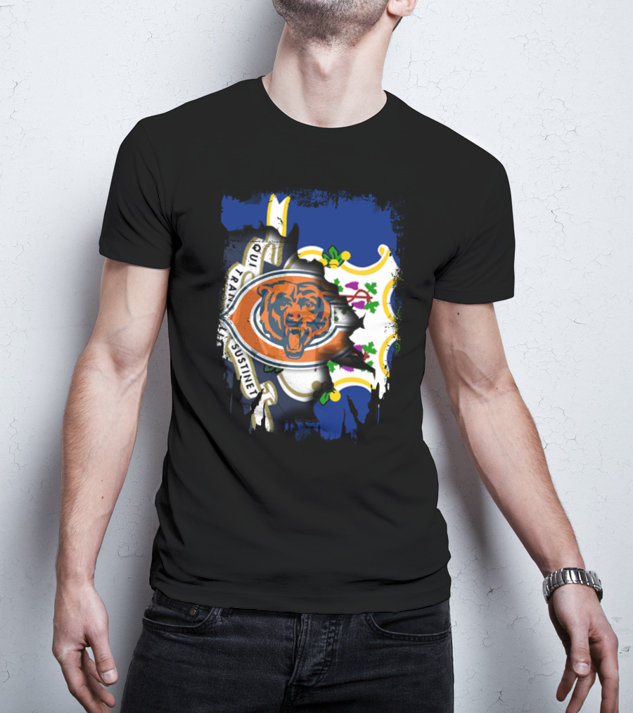Connecticut State Flag Blended With Chicago Bears T-Shirt