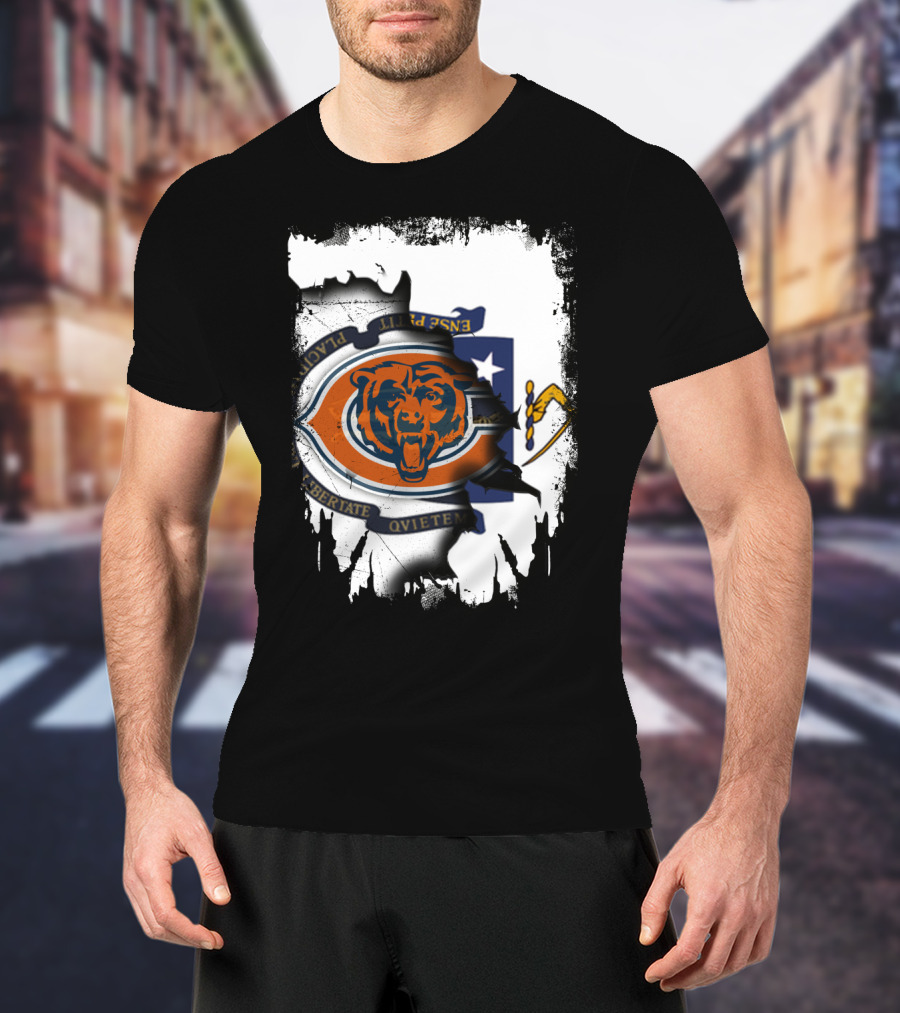 Massachusetts Flag With Chicago Bears Logo Fusion T-Shirt