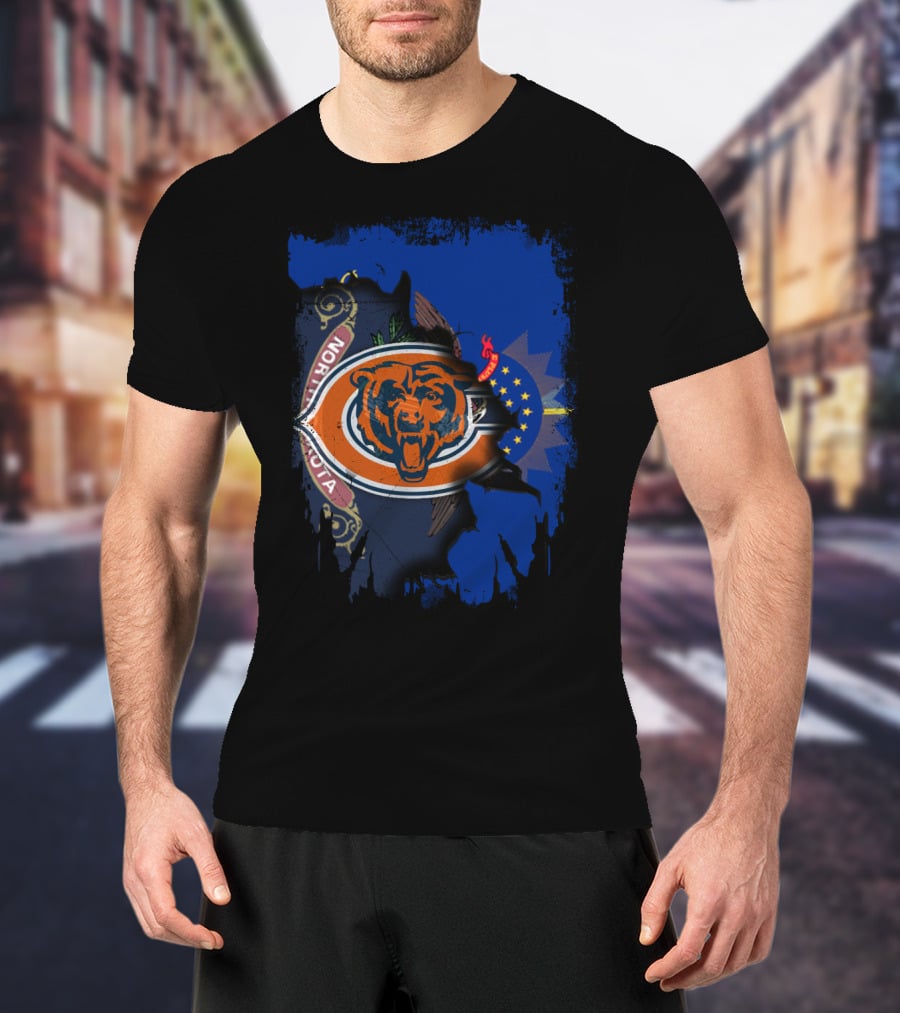 North Dakota Flag With Chicago Bears Logo Fusion T-Shirt