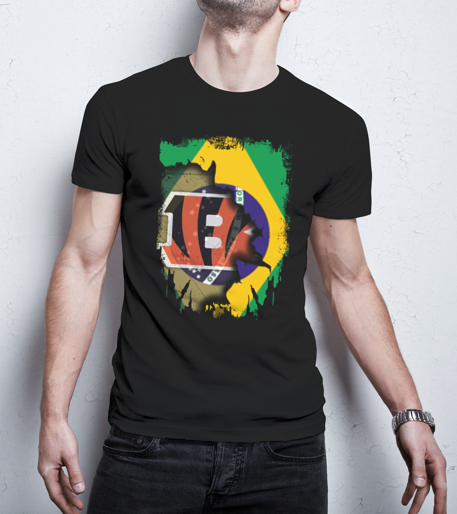 Together Brazil With Cincinnati Bengals Emblem And Flag Fusion T-Shirt