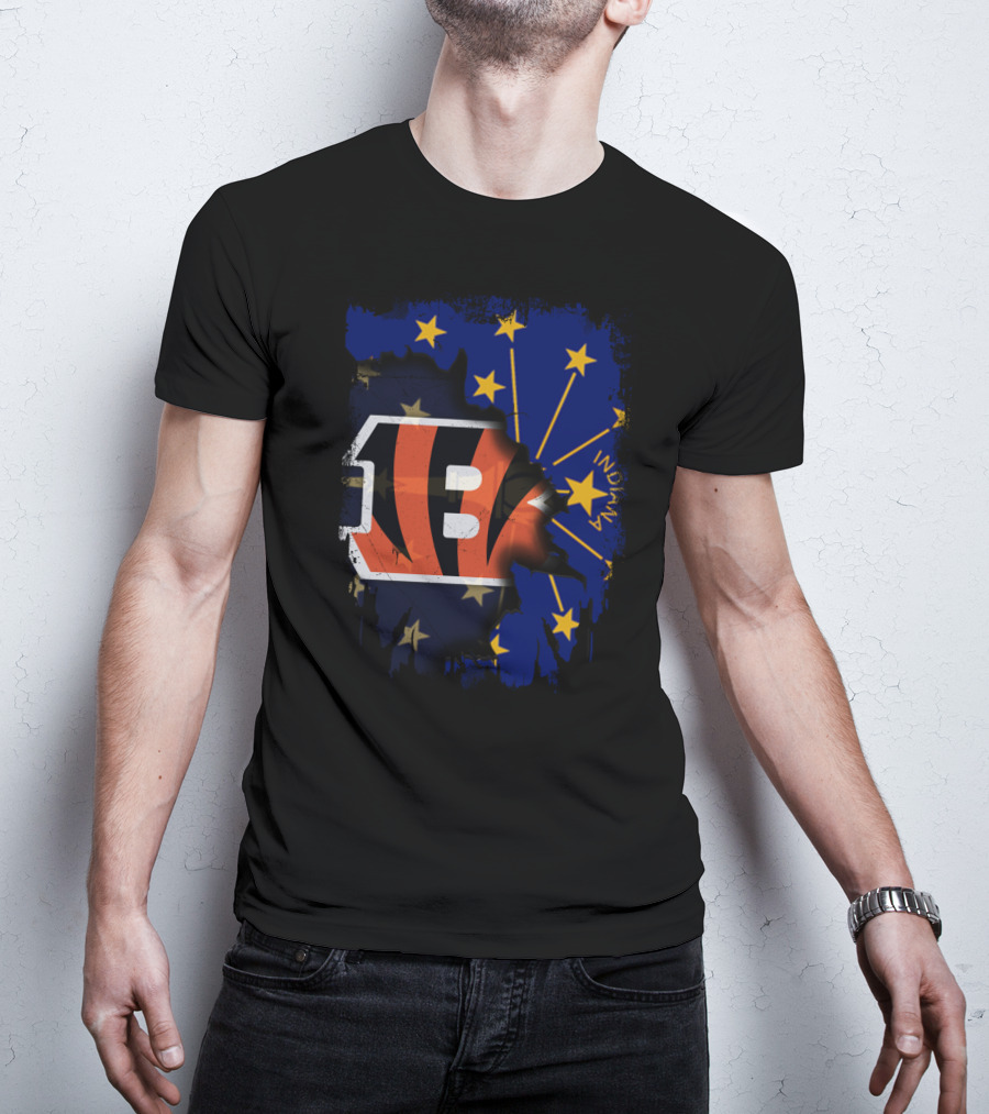 Indiana State Outline With Bengals Logo And Stars T-Shirt