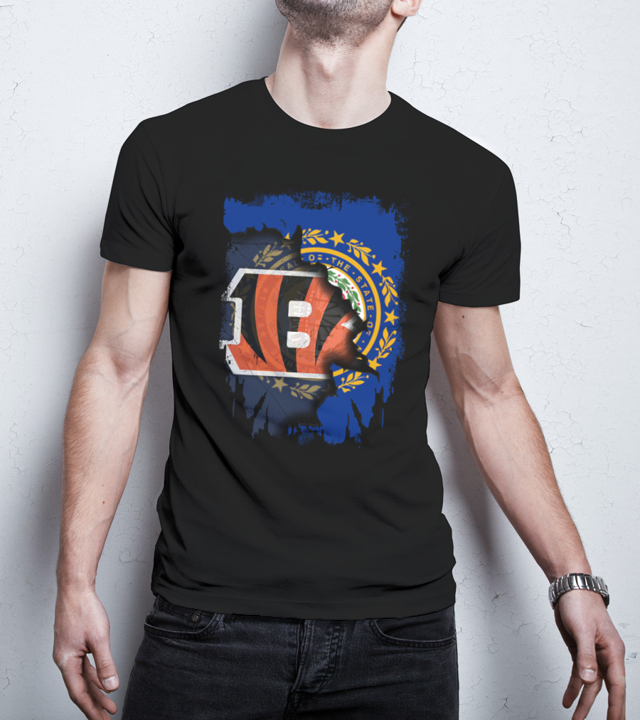 New Hampshire State Flag With Cincinnati Bengals Stripes T-Shirt