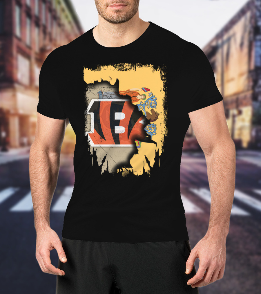 New Jersey State Map With Bengals Stripes And Emblem Overlay T-Shirt