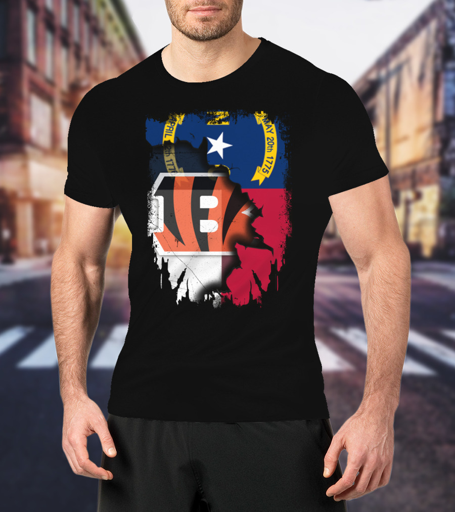 North Carolina State Flag Blended With Bengals Team T-Shirt