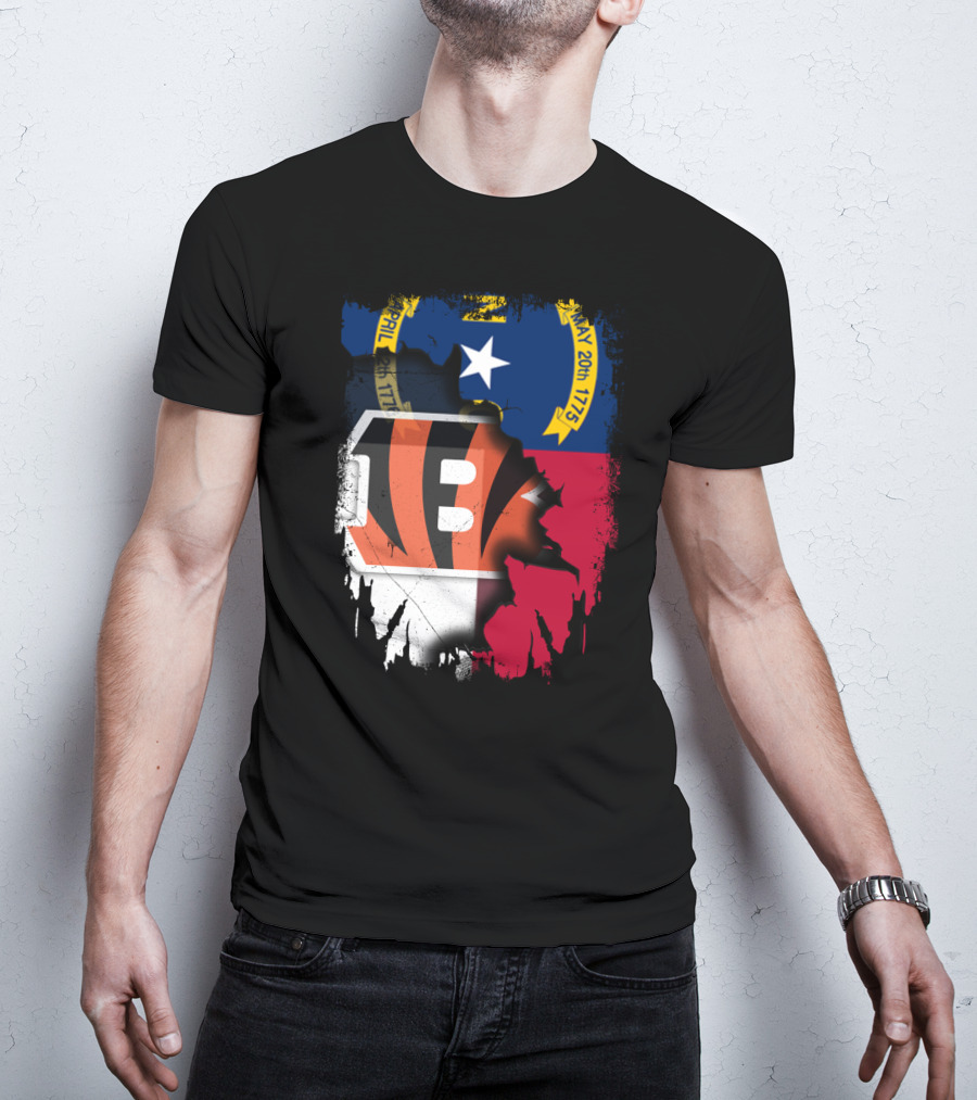 North Carolina State Flag Blended With Bengals Team T-Shirt