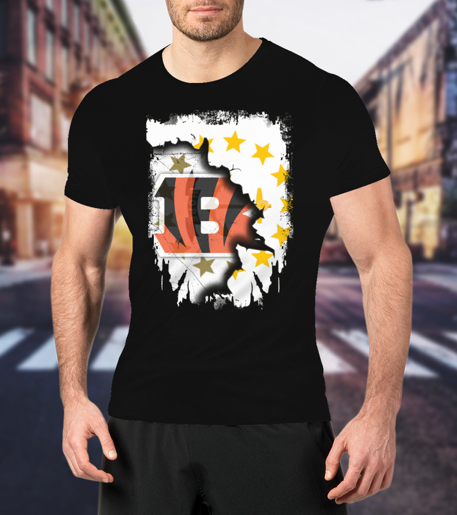 Rhode Island Map With Cincinnati Bengals Logo And Stars T-Shirt