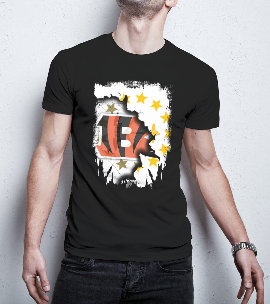 Rhode Island Map With Cincinnati Bengals Logo And Stars T-Shirt