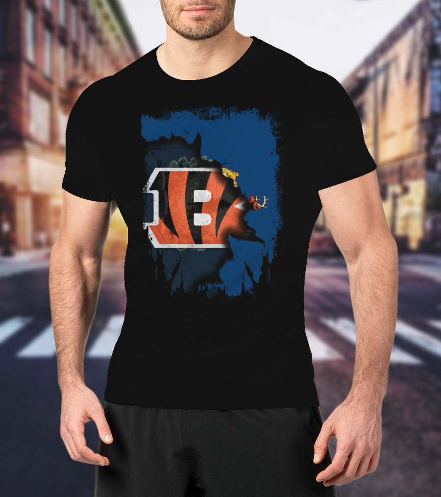 Vermont Map With Cincinnati Bengals Logo Inside T-Shirt