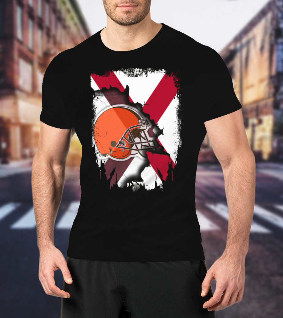 Alabama Browns Helmet Crossover On Distressed Crimson And White Background T-Shirt
