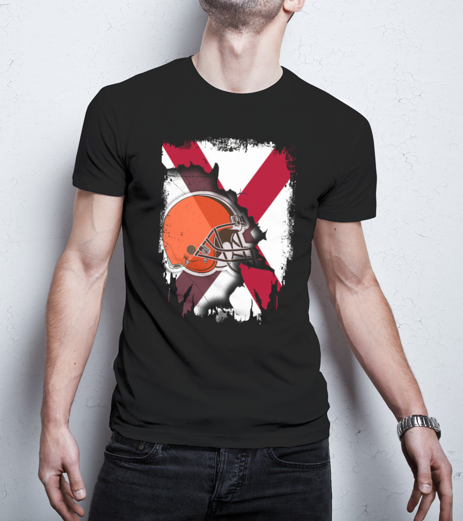Alabama Browns Helmet Crossover On Distressed Crimson And White Background T-Shirt