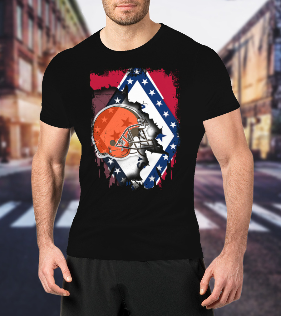 Together Arkansas Flag Tattered With Browns Helmet T-Shirt