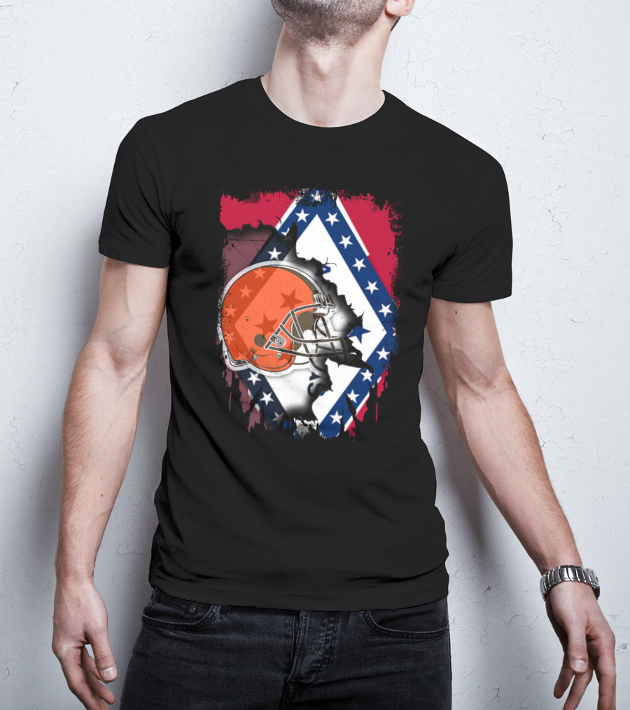 Together Arkansas Flag Tattered With Browns Helmet T-Shirt