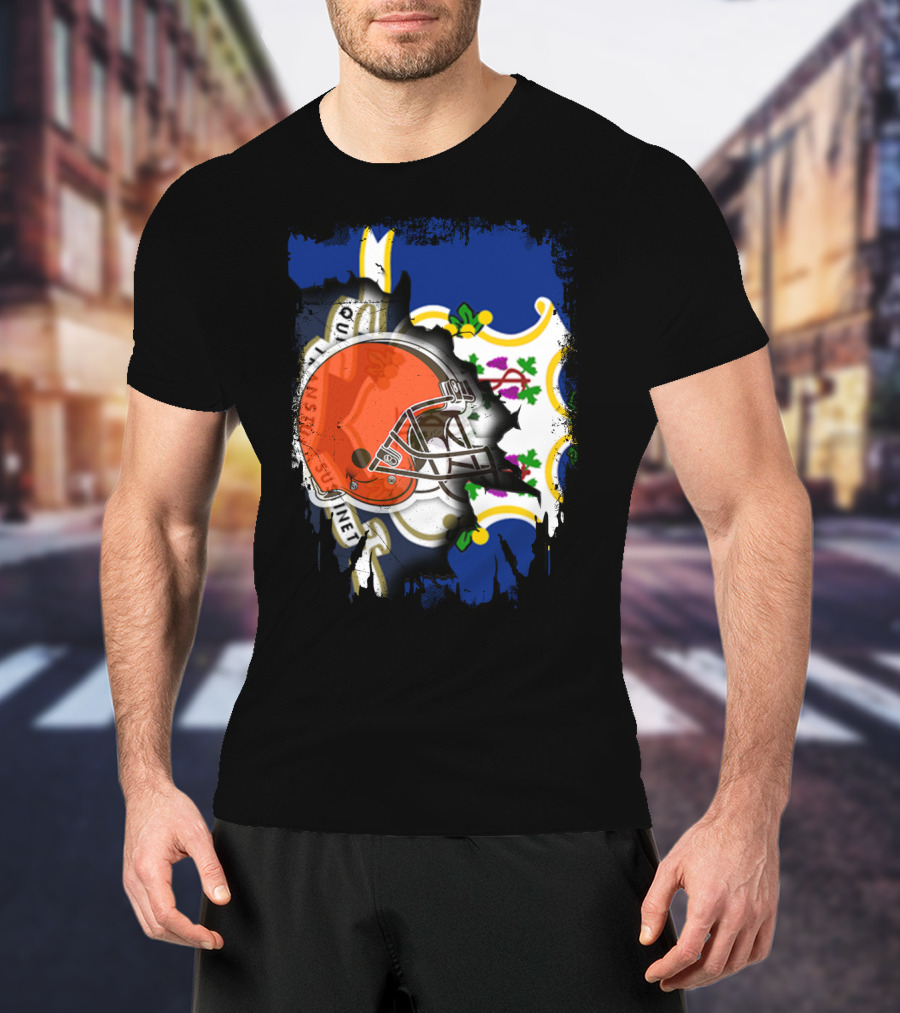 Cleveland Browns Helmet Over Connecticut State Flag T-Shirt