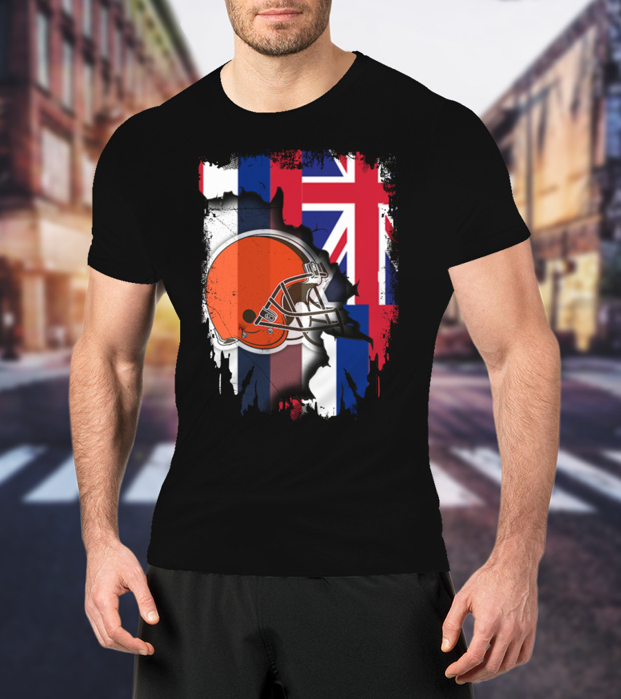 Hawaii Collaboration With Cleveland Browns Helmet And Flag T-Shirt