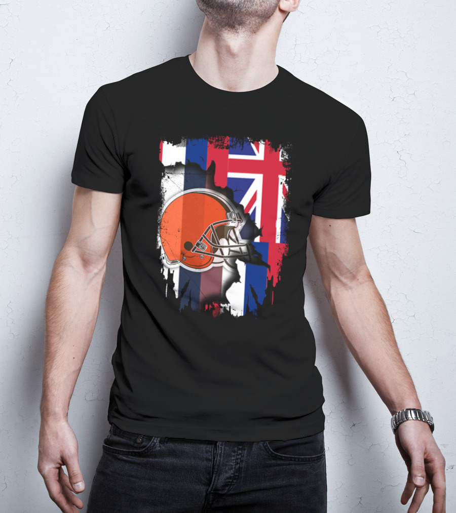 Hawaii Collaboration With Cleveland Browns Helmet And Flag T-Shirt
