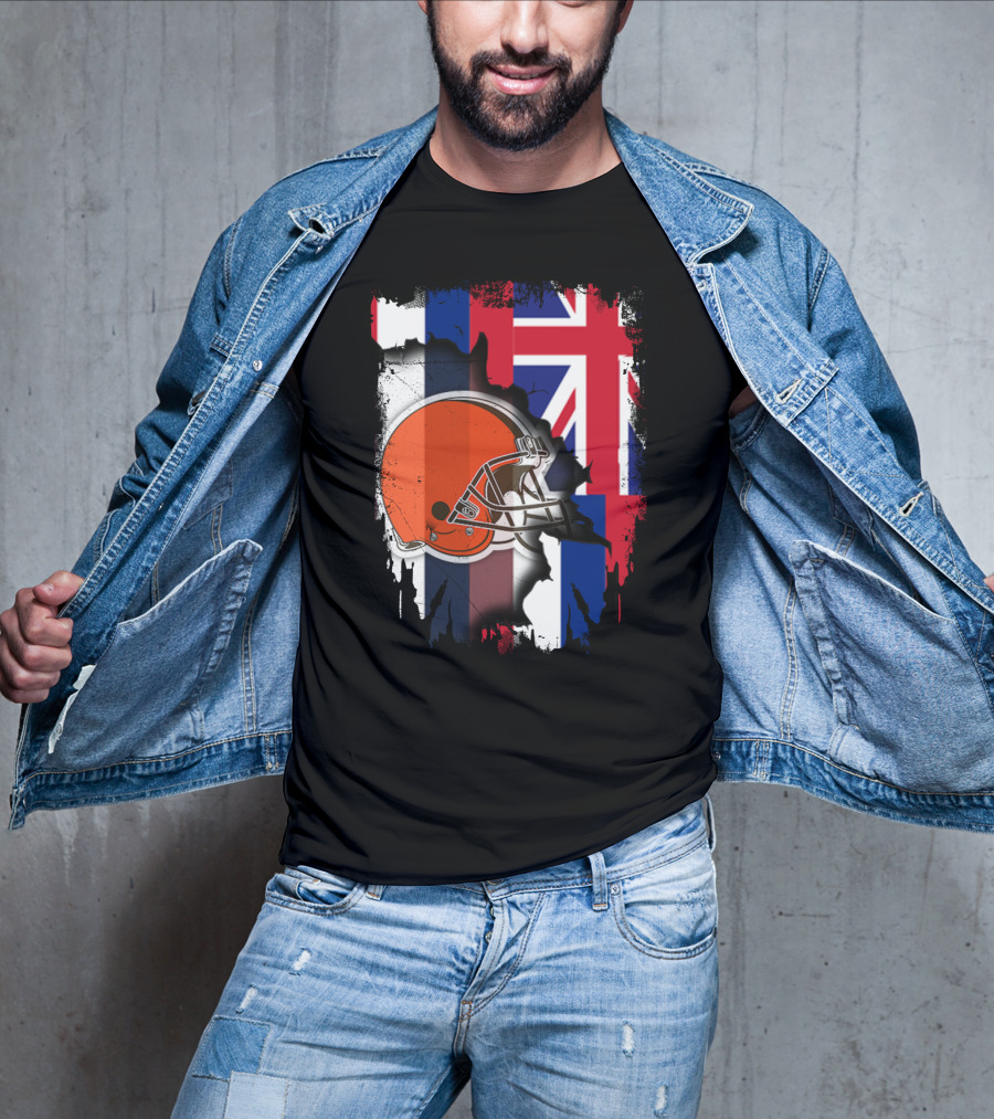 Hawaii Collaboration With Cleveland Browns Helmet And Flag T-Shirt